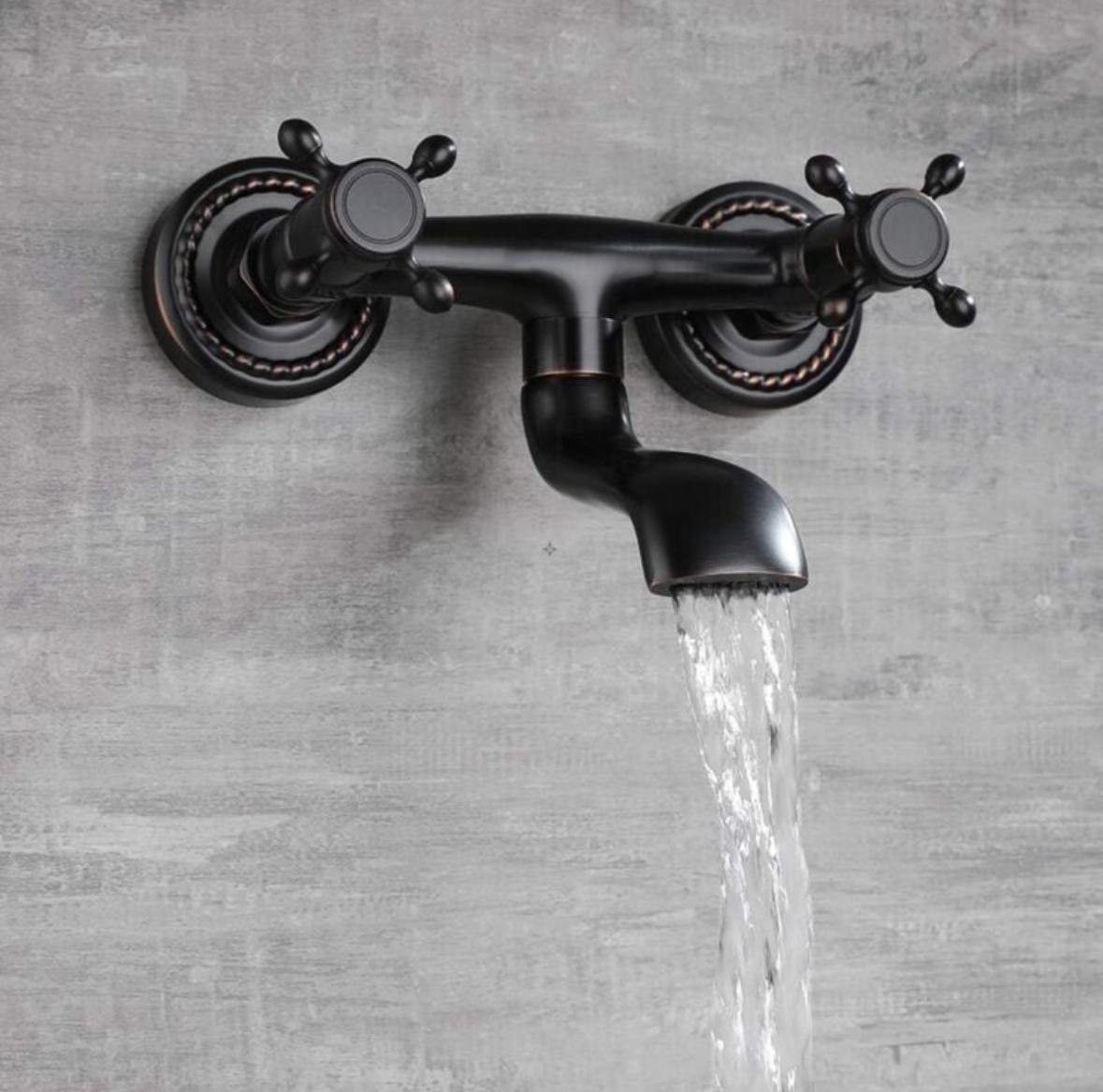 European Style Bathtub Faucet, All Black Copper, Wall Mounted Bathroom Faucet, Dual Handle Hot and Cold Water Bathtub Tap MUMU