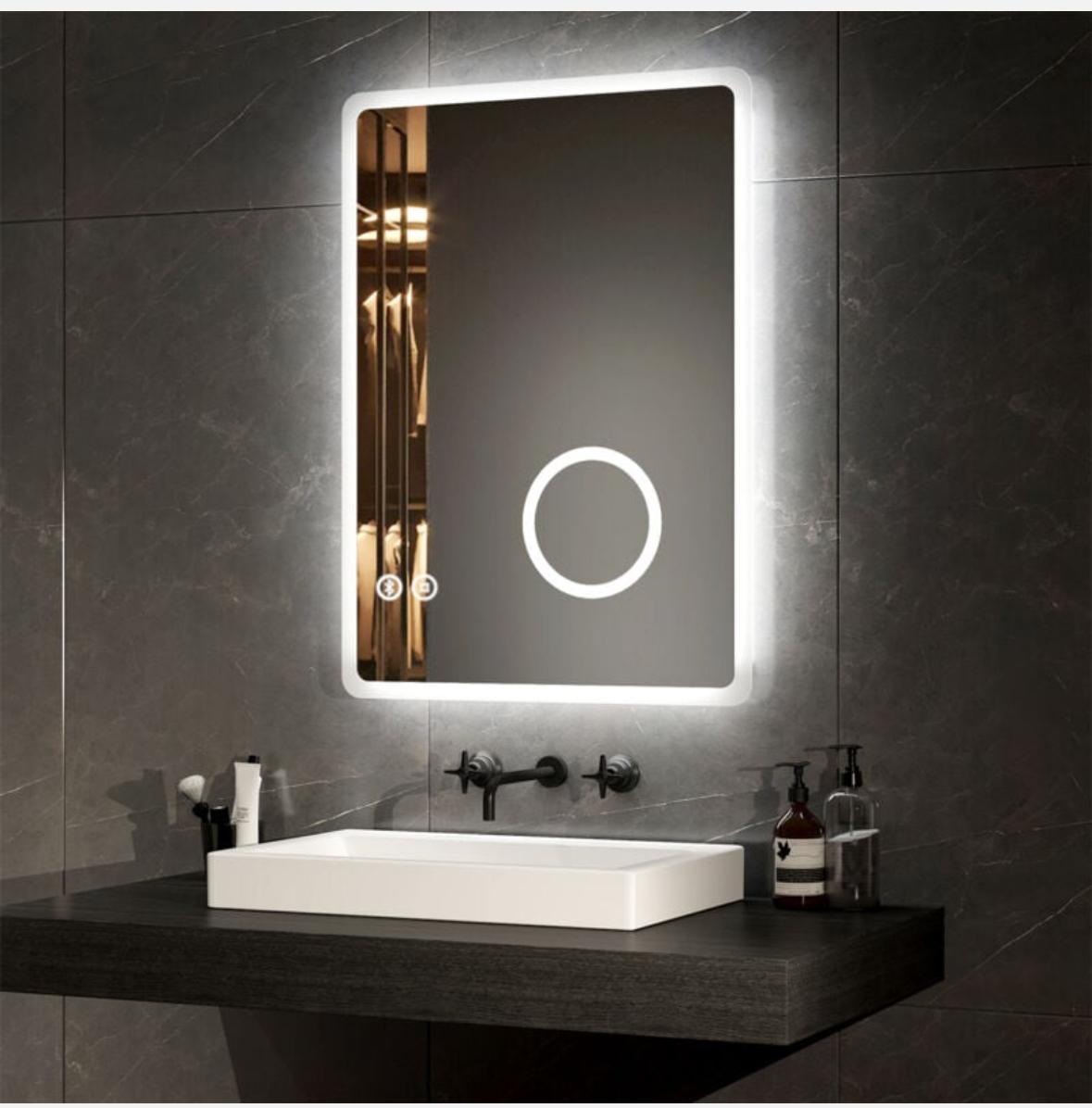 EMKE LED Bathroom Mirror Bluetooth Bathroom Mirror with Shaver Socket Dimmable Backlit Cosmetic Mirror with Demister, 3X Magnifier, 500x700mm