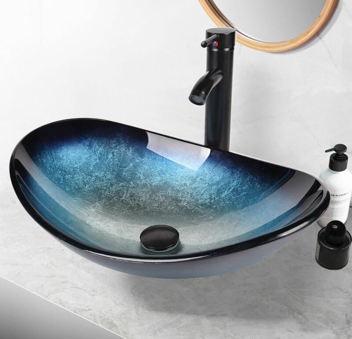 Bathroom Sink Combo Set,Tempered Glass Basin,Hand-painting Artistic Washbowl,with Supply Lines, Oil-rubbed Bronze Tap and Waste,Oval,Blue