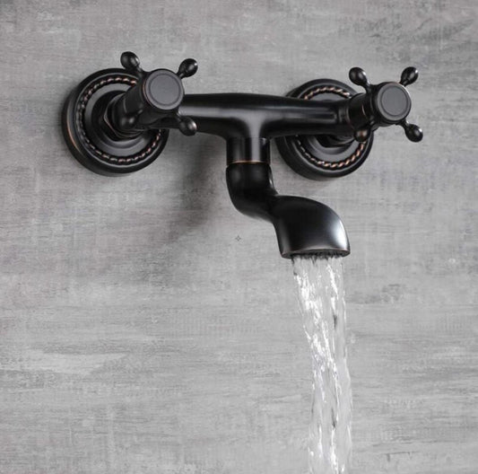 European Style Bathtub Faucet, All Black Copper, Wall Mounted Bathroom Faucet, Dual Handle Hot and Cold Water Bathtub Tap MUMU