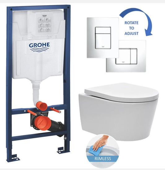 Grohe Rapid SL toilet frame + SATrimless toilet bowl + Chrome Skate plate